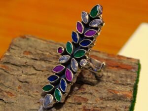 Natural Multi Gemstones Long Finger Ring 925 Sterling Silver Women Jewelry Traditional Silver Ring Anniversary Gift For Her R0356-GS