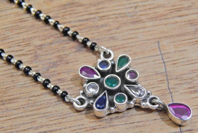 925 sterling silver black beads chain necklace, gorgeous flower design pendant, traditional style brides mangalsutra necklace set NL0326-GS