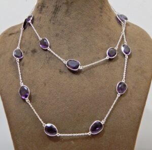 Amethyst Long Necklace , 925 Silver Necklace , Bezel Long Necklace , Amethyst Crystal Long Necklace , Swarovski Necklace , Long Chain , NL0105-GS