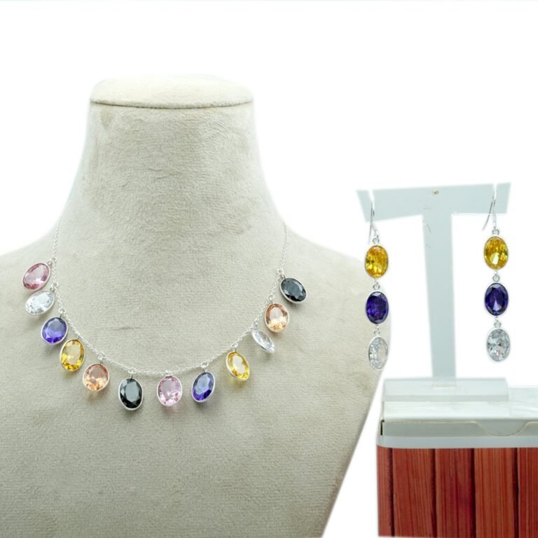 Multi zircon Necklace Set with Earring 925 Sterling Silver Gemstone Earring And Silver Jewelry, Anniversary Gift gift for her handmade NS0042-GS