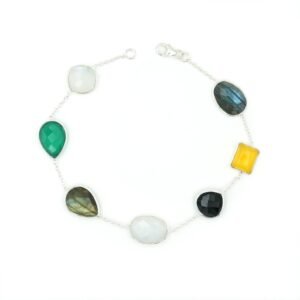 Natural Multi Gemstones 925 Sterling Silver Bracelet 8.5 " Inch Mix Shape Multi Gemstones Handmade Bracelet , Anniversary Gift For Her BR0110-GS