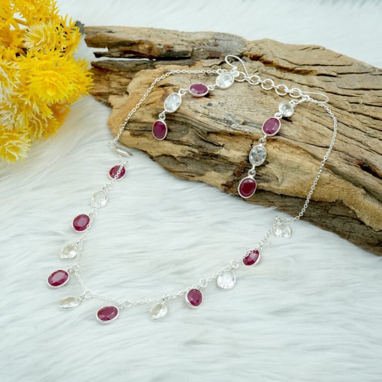 Natural Ruby , CZ 925 Sterling Silver Jewelry Set ,Oval Faceted Gemstone Earring & Necklace Silver Jewelry Set , Anniversary Gift NS0041-GS