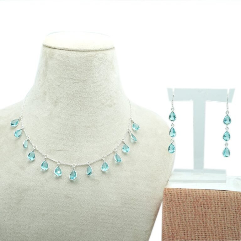 Natural Blue Topaz 925 Sterling Silver Jewelry Set , Pear Faceted Gemstones Earring & Necklace Jewelry Set , Anniversary Gift NS0040-GS