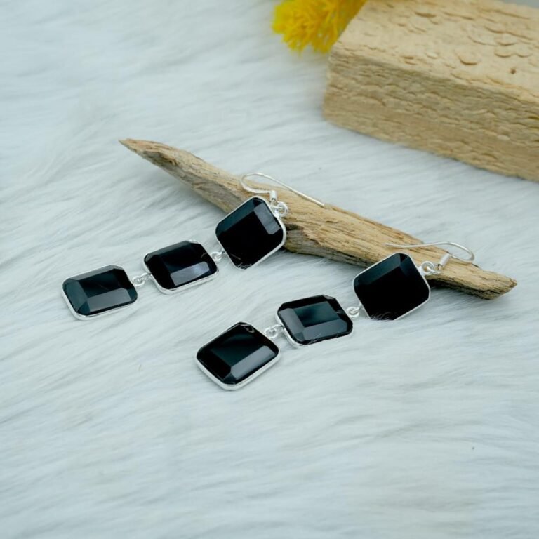 Black Onyx Gemstone Earring 925 Sterling Silver Emerald Cut Onyx Gemstones Handmade Wedding Earring Gift For Her E0346-GS