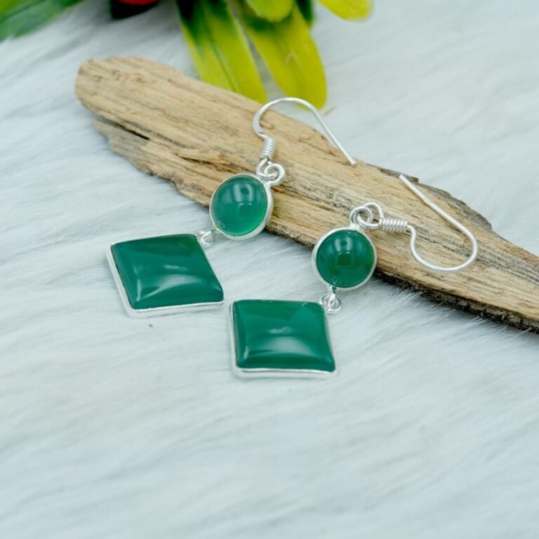Green Onyx Gemstone Silver Earring Onyx Cabochon Gemstones 925 Sterling Silver Handmade Wedding Green Earring Gift For Her E0339-GS
