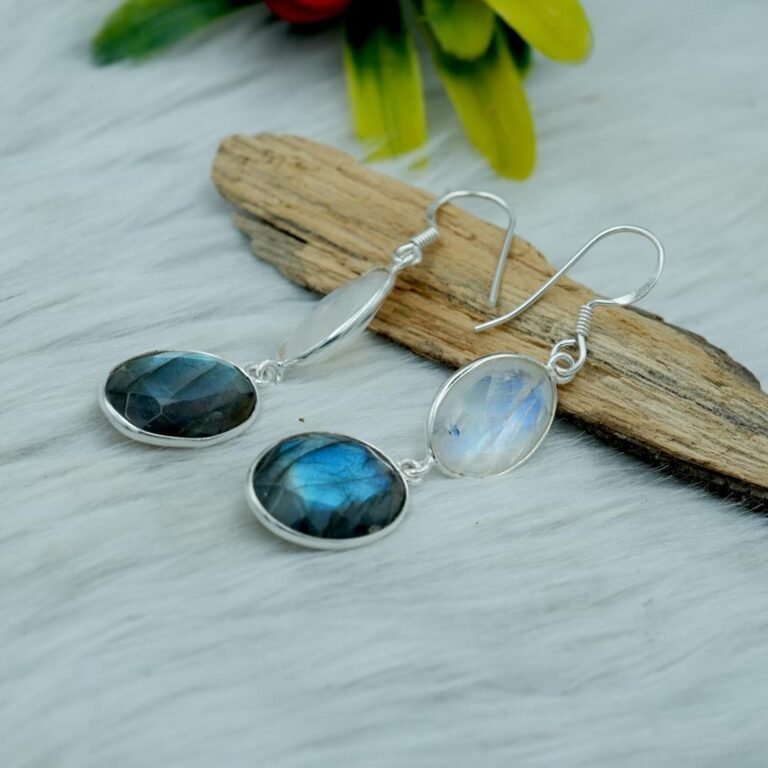 Natural Moonstone and Labradorite Earrings 925 Sterling Silver Gemstone Earrings Dangle Earring Wedding Earrings Silver Earring Gift for Her E0336-GS