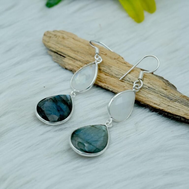 Natural Moonstone and Labradorite Earrings 925 Sterling Silver Gemstone Earrings Dangle Earring Wedding Earrings Silver Earring Gift for Her E0335-GS