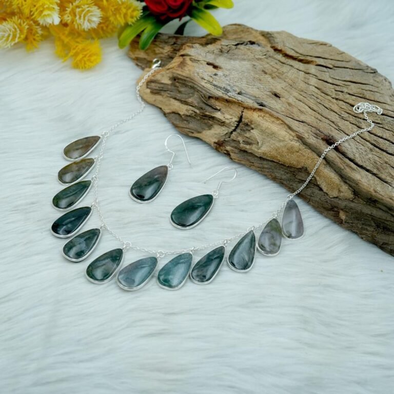 Natural Moss Agate Dainty Gemstone Set 925 Sterling Silver Pear Cabochon Agate Gemstones Necklace & Earring Jewelry Set Gift For Her NS0015-GS