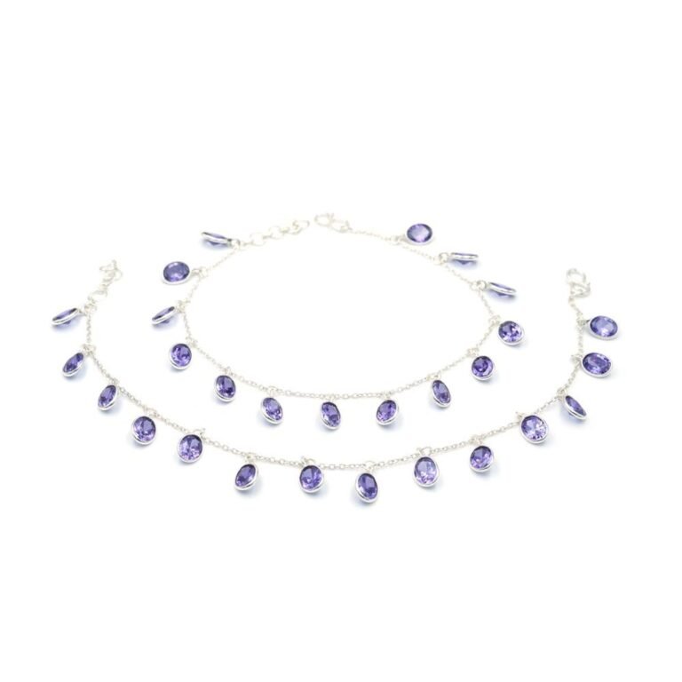 Natural Genuine Amethyst 925 Sterling Silver Anklets 10 Inches Purple Gemstone Anklets Pair Adjustable Anklets Gift For Her A0005-GS