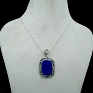 Natural Blue Genuine Lapis Lazuli Pendant Necklace 925 Sterling Silver Lapis Cabochon Gemstone Vintage Pendant With Chain Gift For Her NL0198-GS