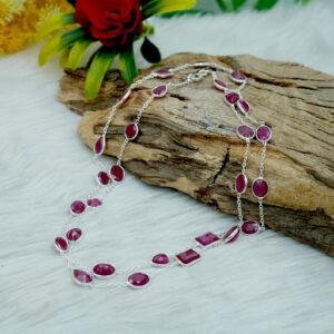 Natural Red Ruby Long Necklace 925 Sterling Silver Handmade July Birthstone Double Layering Faceted Gemstones Necklace Gift For Her NL0191-GS