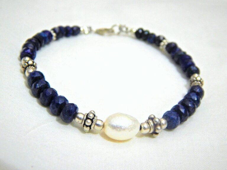 100% Natural Sapphire And Pearl Beaded Bracelet In 925 Sterling Silver, Beaded Bracelet, Precious Bracelet, handmade bracelet, gift item BB0005-GS