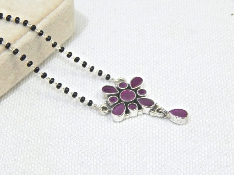 Ruby 925 sterling silver black beads chain necklace, gorgeous flower design pendant, traditional style brides mangalsutra necklace set NL0314-GS