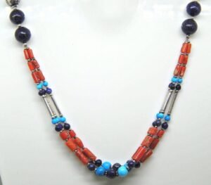 Genuine Lapis Lazuli, Coral, Turquoise Necklace-Natural Gemstone jewelry-sterling silver. Beaded Multi Necklace handmade necklace gift for NL0004-GS