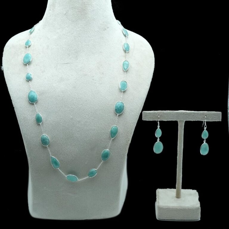 Dainty Silver Necklace Set Amazonite Necklace Earring Minimalist Necklace Set Wedding Set Jewelry Set Gift For Her 925 Sterling Silver Set NS0007-GS