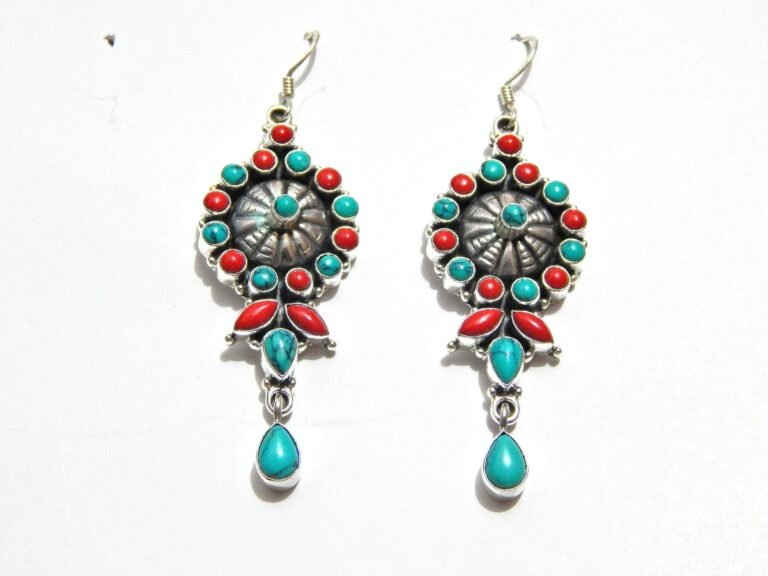 Indian Turquoise & Coral Earring, Handmade Silver Earring ,925 Sterling Silver Earring ,Multi-Stone earring ,Gift For Her , Anniversary Gift E0198-GS