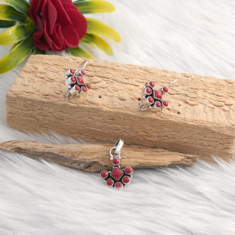Coral Earring Coral Pendant Sterling 925 Silver Jewellery Wedding Jewelry Set Gift For Her Gemstone Jewellery Set Red Pendant Red Earring NS0002-GS