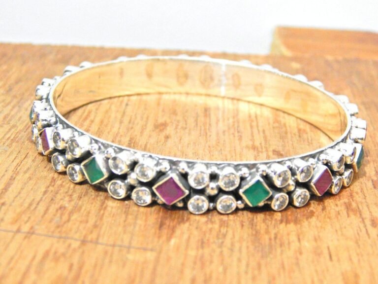 Natural Emerald Ruby, Cubic Zirconia Bangle, Silver jewelry,925 Sterling Silver Bangle, Gift, Handmade Bangle, Gemstone Bangle-Size 2-6 B0030-GS