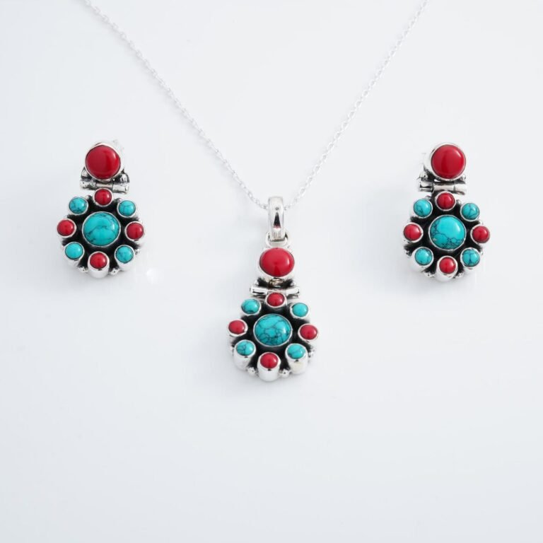 Coral Earring Turquoise Earring Coral Turquoise Pendant Sterling 925 Silver Jewelry Wedding Jewelry Set Gift For Her Gemstone Jewellery Set NS0011-GS