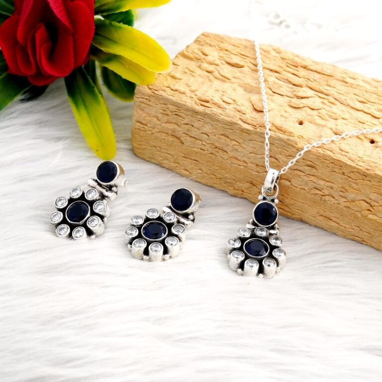 Natural Multi Gemstone Floral Earring Stud & Pendant Set in 925 Sterling Silver Gemstone Studs Earring And Pendant With Silver Chain Jewelry NS0005-GS