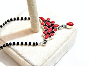 925 sterling silver black beads chain Coral necklace , gorgeous flower design pendant , traditional style Indian mangalsutra Coral necklace NL0060-GS