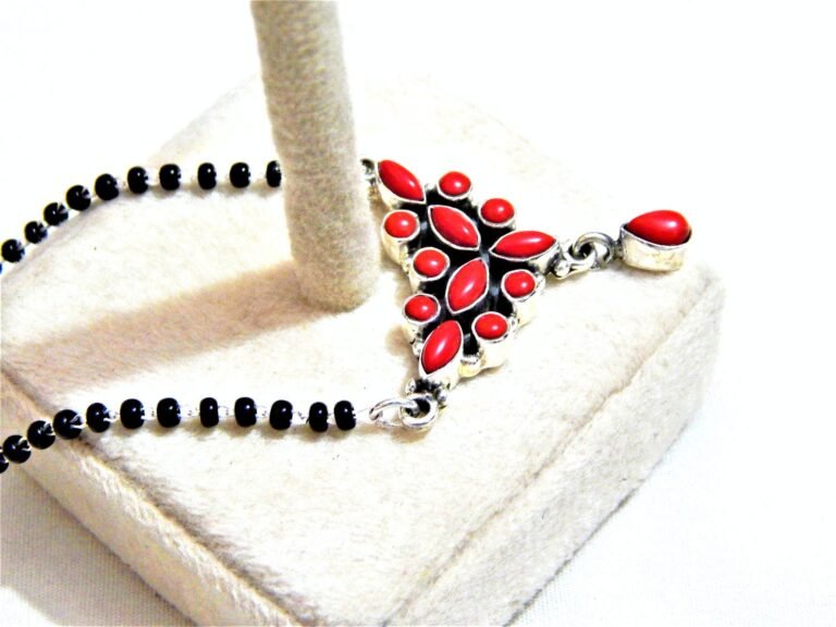 925 sterling silver black beads chain Coral necklace , gorgeous flower design pendant , traditional style Indian mangalsutra Coral necklace NL0060-GS