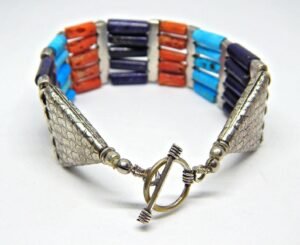Natural Turquoise, Lapis Lazuli, Coral Bracelet-925 Sterling Silver Jewelry With Gemstone Coral Bracelet- For Girls & Women Gift item BR0141-GS