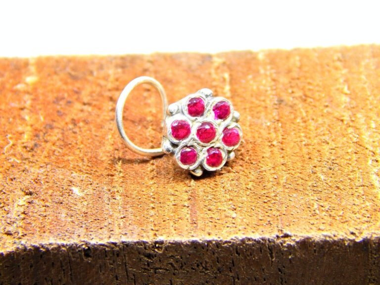 Natural Ruby Nose Stud In 925 Sterling Silver | Silver Nose Ring | Nose Stud | Ruby Nose Ring | Round Nose Stud | Flower Nose Stud NR0002-GS