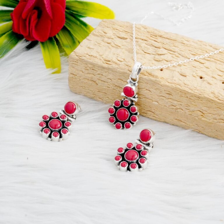 Coral Earring Coral Pendant Sterling 925 Silver Jewellery Wedding Jewelry Set Gift For Her Gemstone Jewellery Set Red Pendant Red Earring NS0006-GS