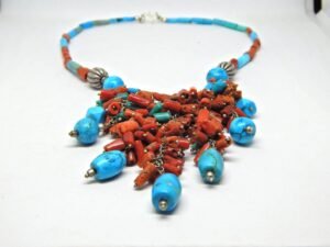 Genuine, Coral, Turquoise Necklace-Natural Gemstone jewelry-sterling silver. Beaded Multi Necklace NL0002-GS