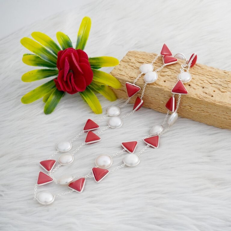 Coral Necklace Pearl Necklace Sterling 925 Silver Necklace Red Necklace White Necklace Wedding Necklace Gift For Her Long Necklace NL0001-GS