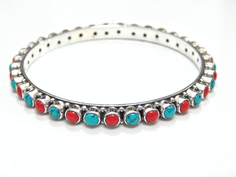 Natural Turquoise and coral Bangle, Silver jewelry,925 Sterling Silver Bangle, Gift, Handmade Bangle, Gemstone Bangle-Size 2-4 B0047-GS
