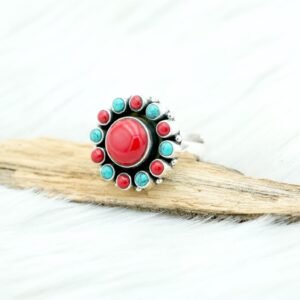 Natural Coral & Turquoise Ring in 925 Sterling Silver | 925 Sterling Silver Ring | Blue Turquoise Ring | Red Coral Ring | Flower Ring R0369-GS