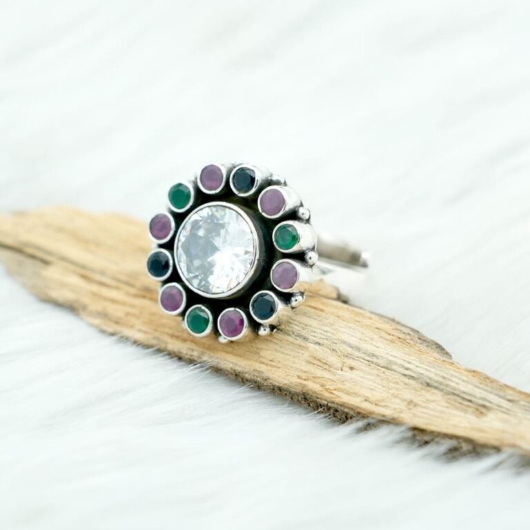 925 Silver Ring Multi Color Ring Natural Gemstones Ring Emerald Ring Sapphire Ring Ruby Ring Zircon Ring Adjustable Ring Women's Ring R0162-GS