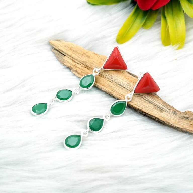 925 Silver Drop Earring Stud Natural Emerald & Coral Earring Gemstone jewelry Gift For Her Wedding Earring Stud Minimalist Earring Stud E0367-GS