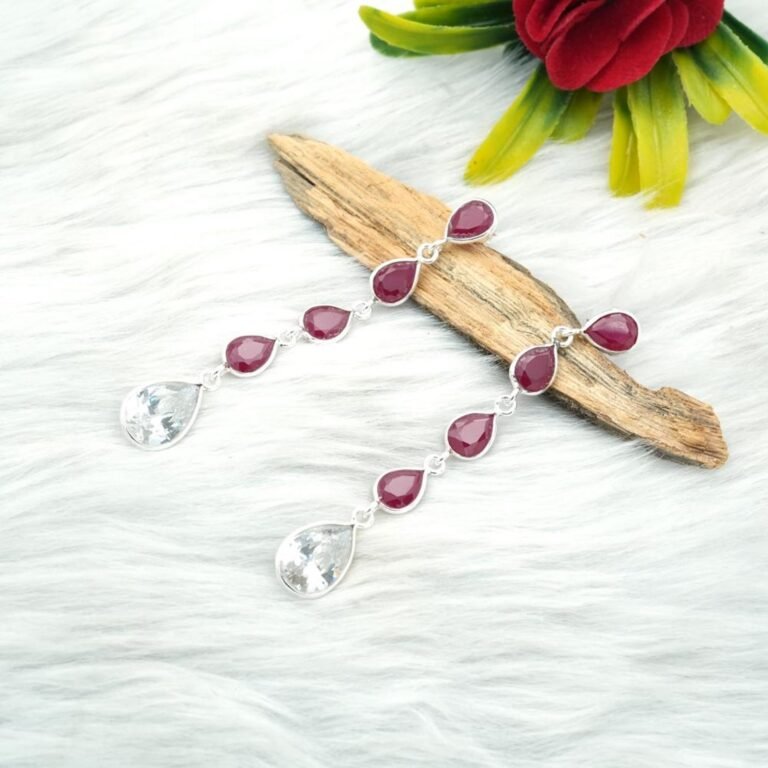 925 Silver Drop Earring Stud Natural Pink Ruby & CZ Earring Gemstone jewelry Gift For Her Wedding Earring Stud Minimalist Earring Stud E0365-GS