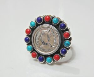 Natural Turquoise Coral Lapis Ring Victoria Queen Coin 925 Sterling Silver Jewelry Ring With Gemstone Turquoise cabochon For Girl Women Gift R0192-GS