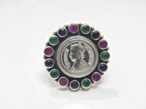 Victoria Queen Coin Natural Ruby Emerald & Sapphire Ring In 925 Sterling Silver Multi Stone Ring Silver Jewelry For Girl And Women Gift Item R0193-GS