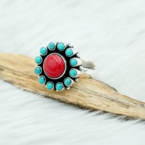 Natural Coral & Turquoise Ring in 925 Sterling Silver | 925 Sterling Silver Ring | Blue Turquoise Ring | Red Coral Ring | Flower Ring R0165-GS
