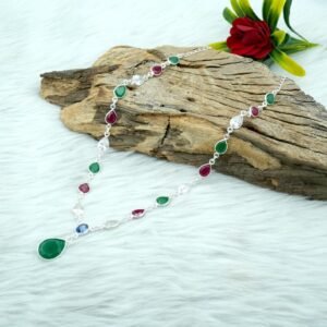 Multi Color Necklace Sterling 925 Silver Necklace Emerald Necklace Ruby Necklace Wedding Necklace Gift For Her Natural Gemstone Necklace NL0208-GS