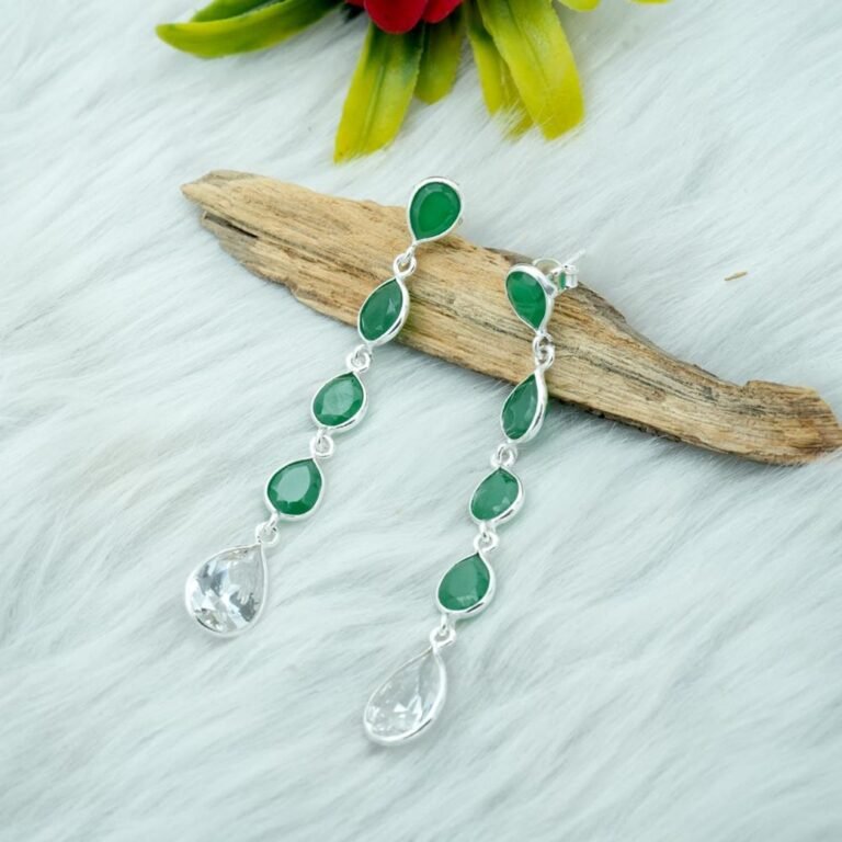 925 Silver Drop Earring Stud Natural Emerald & CZ Earring Gemstone jewelry Gift For Her Wedding Earring Stud Minimalist Earring Stud E0366-GS