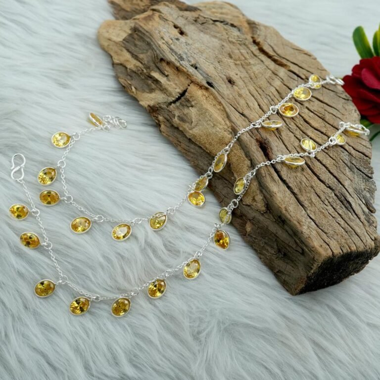 Natural Genuine Citrine 925 Sterling Silver Anklets 10 Inches Yellow Gemstone Anklets Pair Adjustable Anklets Gift For Her A0004-GS