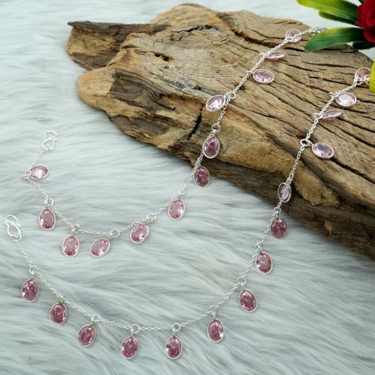 Natural Genuine Pink CZ 925 Sterling Silver Anklets 10 Inches Pink Gemstone Anklets Pair Adjustable Anklets Gift For Her A0001-GS