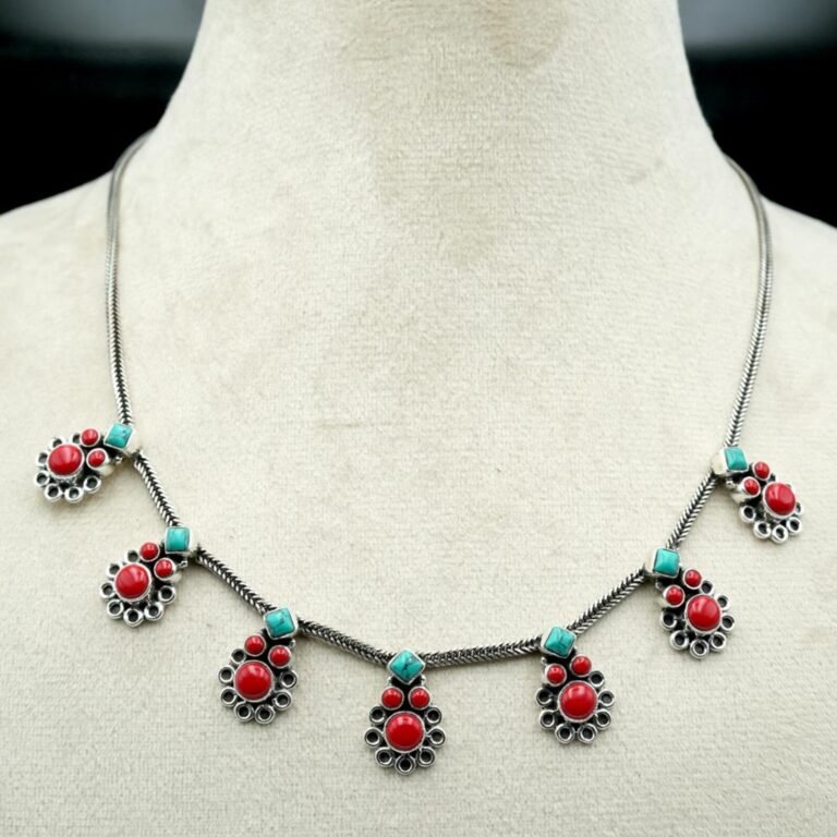 Coral & Turquoise necklace 925 Sterling silver jewelry Multi gemstone handmade necklace women necklace gift for her NL0047-GS