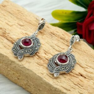 Ruby Earring 925 Sterling Silver Stud Jewelry Marcasite earring with gemstone Ruby, Handmade earring, Gift for Girls & Women, Wedding Gift E0007-GS