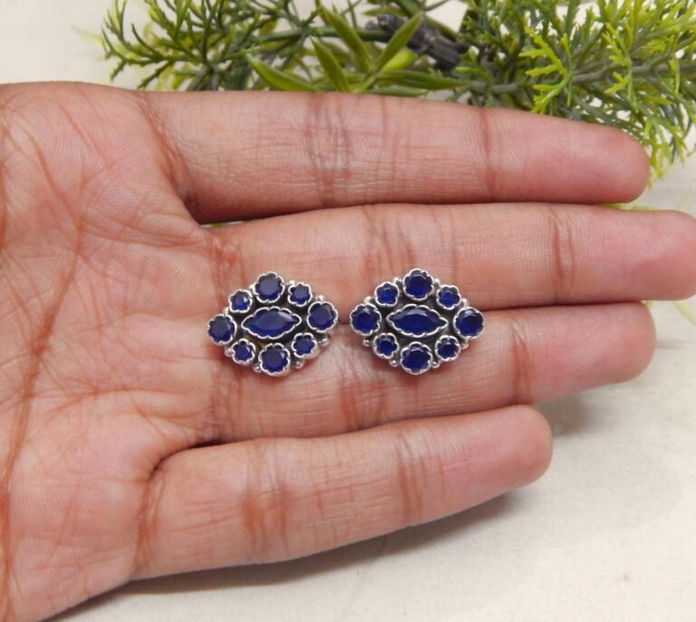 Sapphire Stud 925 Sterling Silver Earring Natural Blue Sapphire Gemstone Earring Wedding Jewelry Handmade Stud Gift For Her E0955-GS