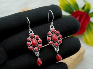 Coral Earring-925 Sterling Silver Jewelry , Dangle Earring , Gemstone Coral cabochon Handmade Earring, For Girls & Women Gift item E0071-GS