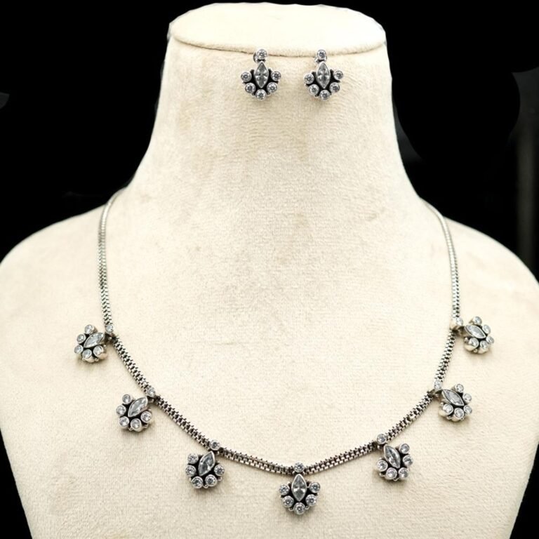 Natural Cubic Zirconia Gemstone Floral Earring Stud & Necklace Set 925 Sterling Silver Gemstone Earring And Silver Jewelry, Anniversary Gift NS0049-GS