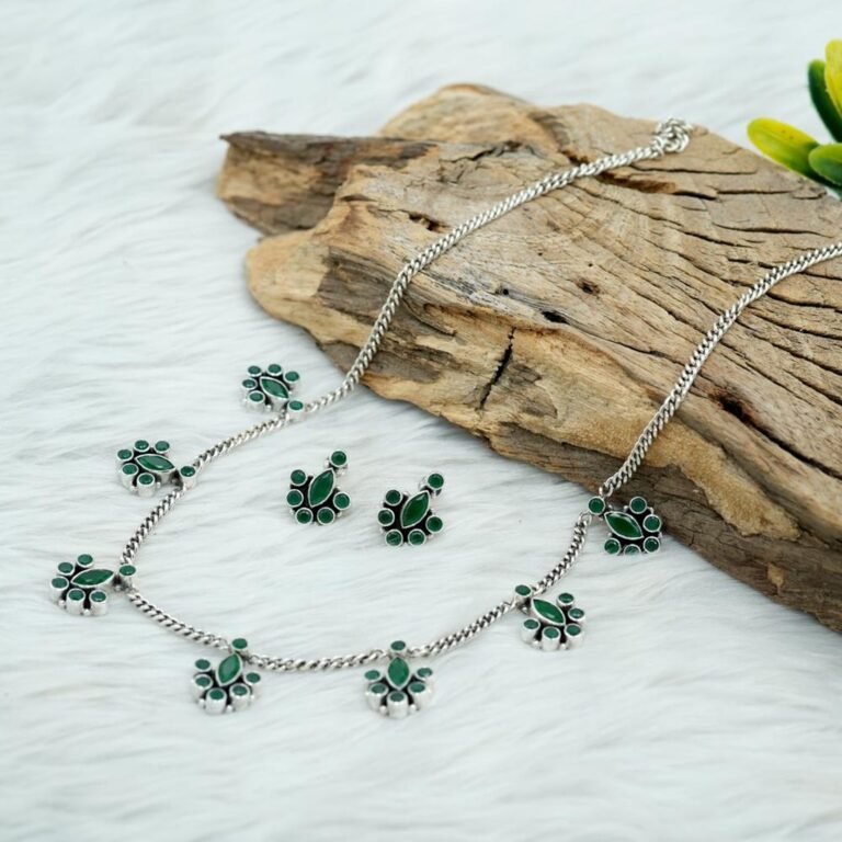Natural Green Onyx Jewelry Set in 925 Sterling Silver Onyx Gemstone Necklace & Earring Silver Jewelry Set , Anniversary Gift NS0046-GS