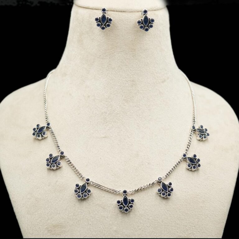 Natural Genuine Blue Sapphire Earring Necklace Set in 925 Sterling Silver Natural Gemstone Pendant & Earring Silver Set , Anniversary Gift NS0044-GS